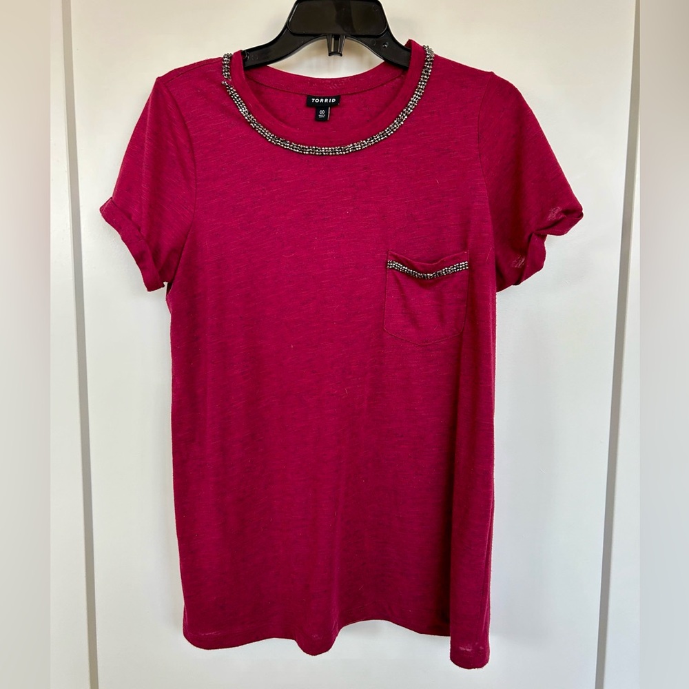 Torrid red t-shirt with silver rhinestone detail, size 00